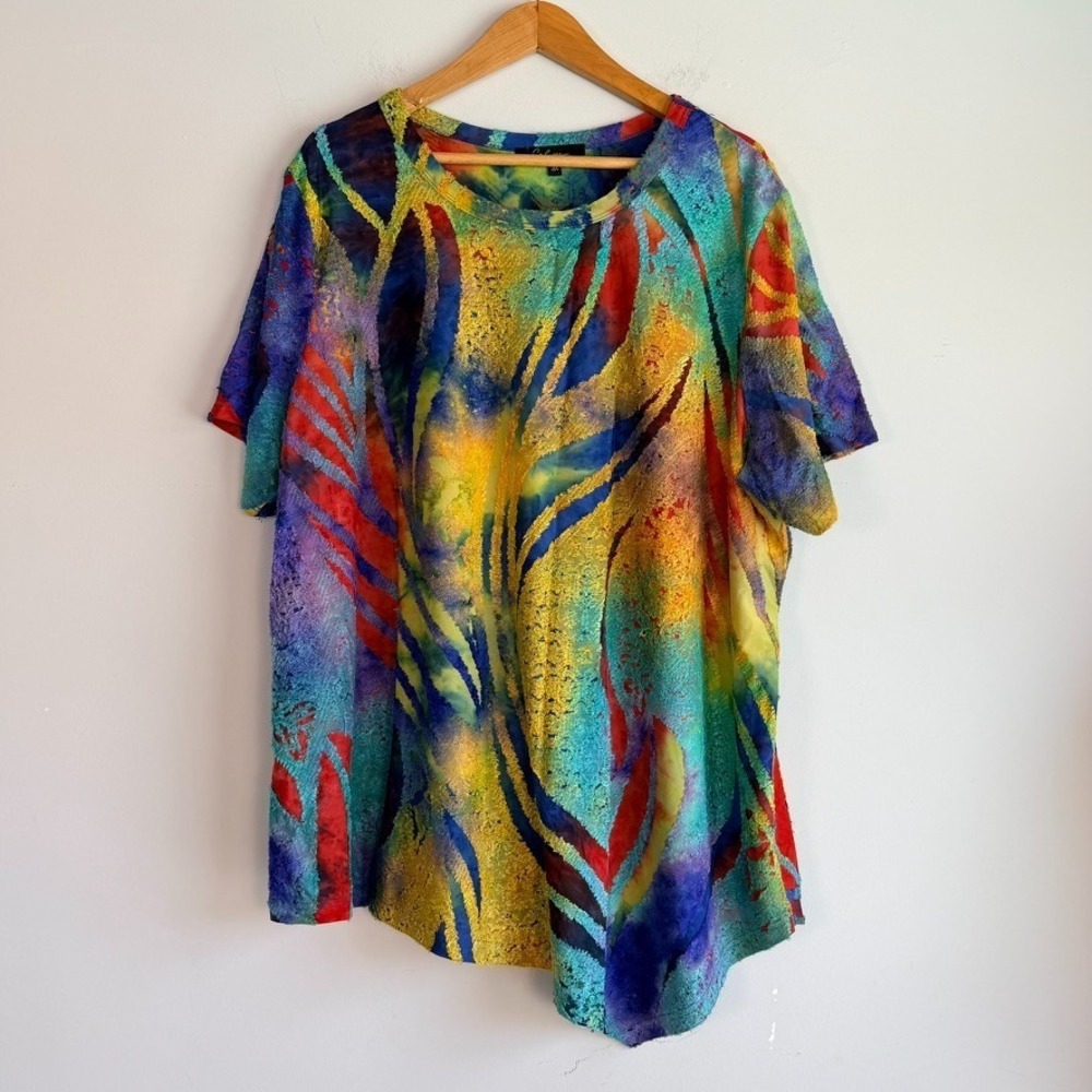 Caleooa Textured Abstract Artsy Top Size 3X Multicolored Pullover Rainbow Boho